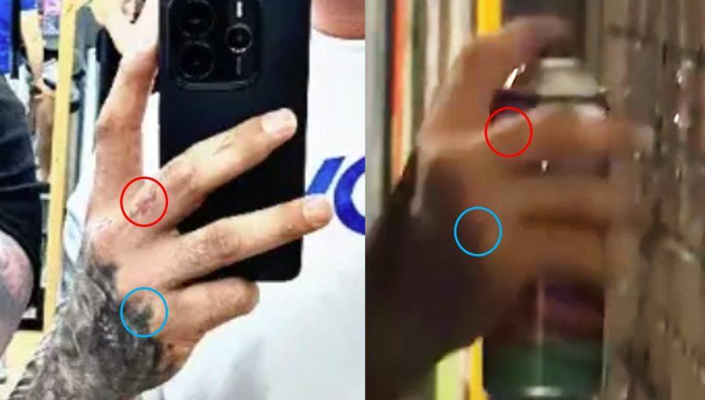 Detalle de tatuajes en la mano derecha