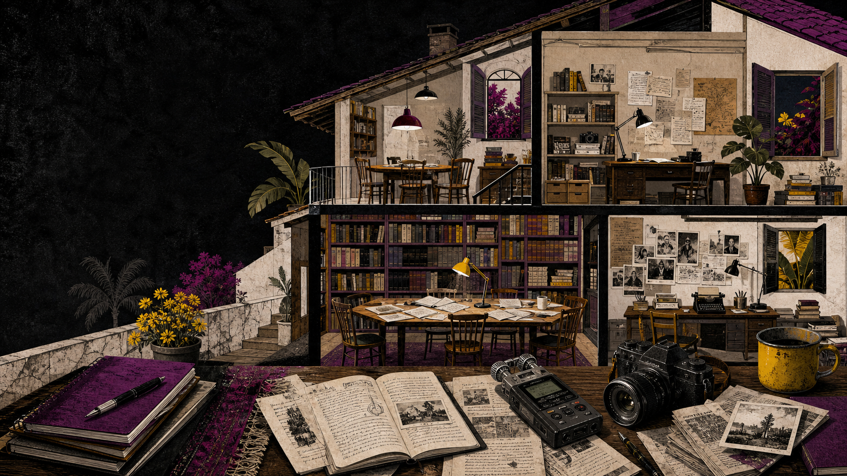 La casa editorial de CasaMacondo, con libros, manuscritos y herramientas de periodismo