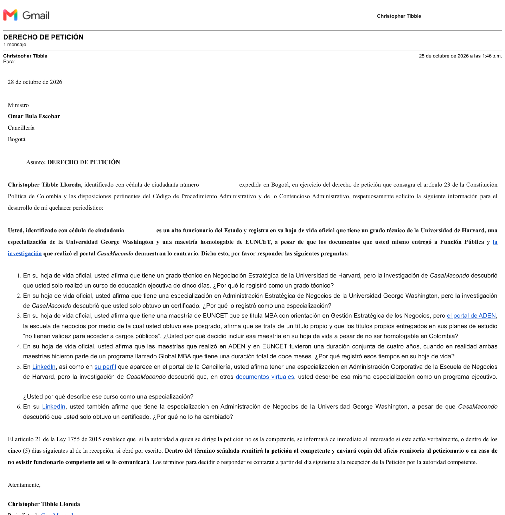 Derecho de petición enviado a Omar Bula, versión pública