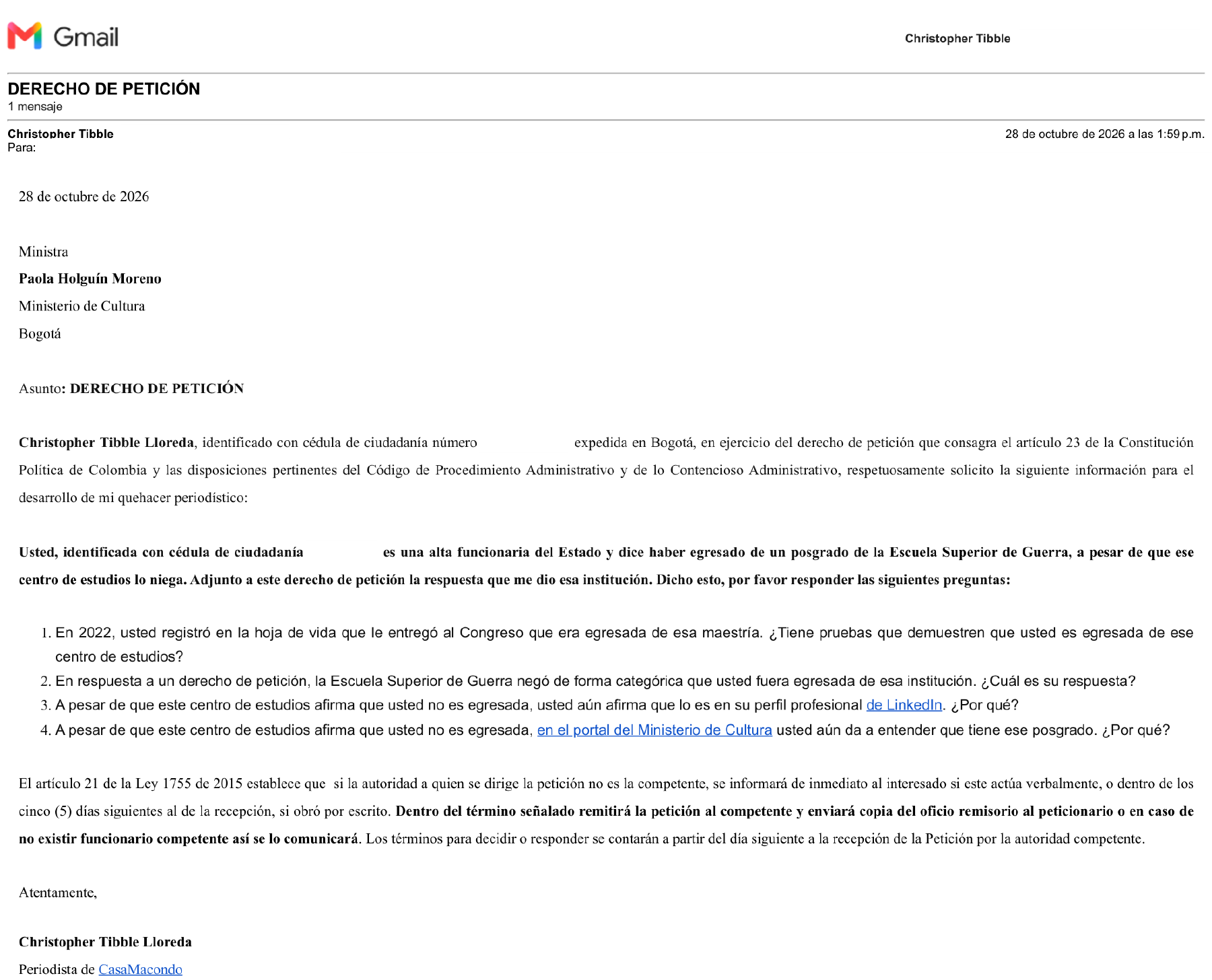Derecho de petición enviado a Paola Holguín, versión pública